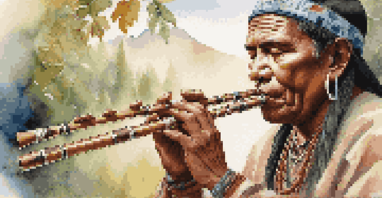 An indigenous musician playing a carved flute surrounded by a serene natural landscape.