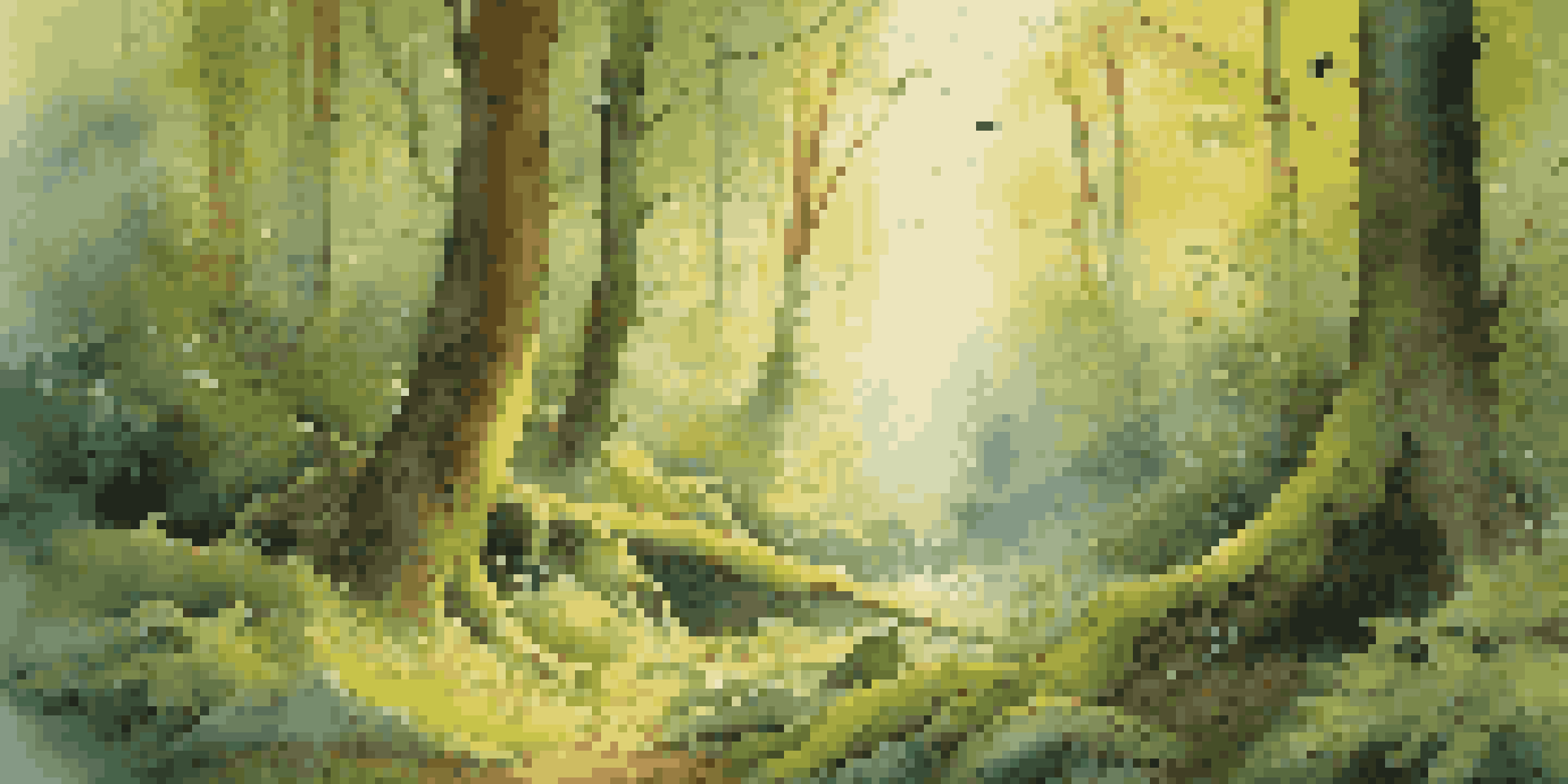 A peaceful forest at dawn with sunlight shining through trees and colorful birds.