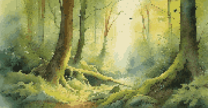 A peaceful forest at dawn with sunlight shining through trees and colorful birds.