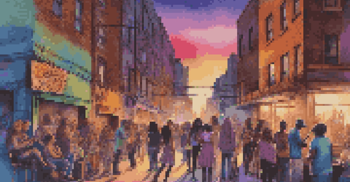 A lively urban street filled with musicians and diverse audience members, showcasing graffiti art and vibrant colors during sunset.