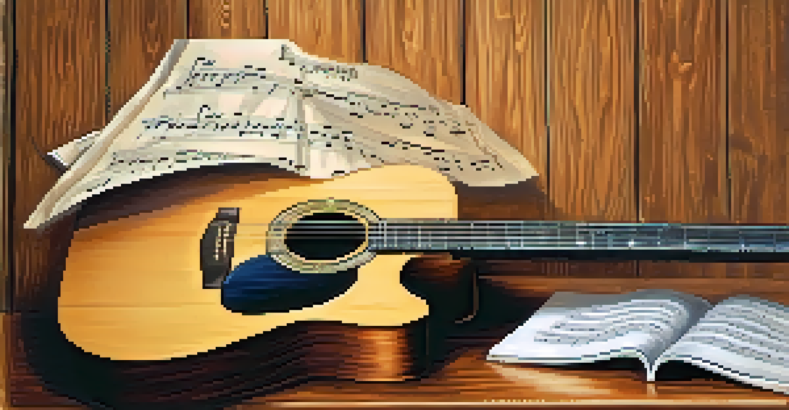 A close-up of a guitar leaning against a wooden wall with scattered sheet music, illuminated by soft light.