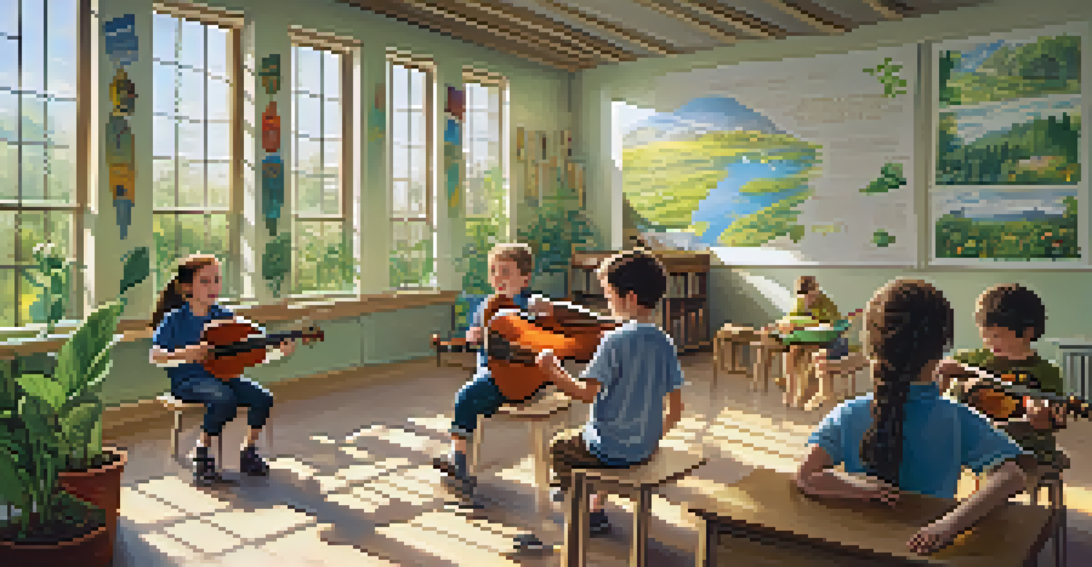 An educational classroom with students playing instruments and creating eco-themed artwork, illuminated by sunlight and decorated with conservation posters.