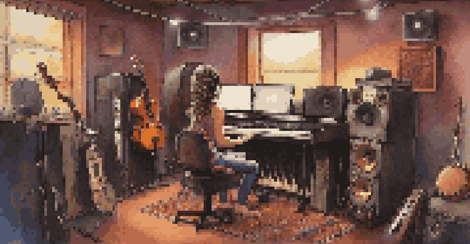 A young female artist in a modern recording studio surrounded by traditional and electronic musical instruments.