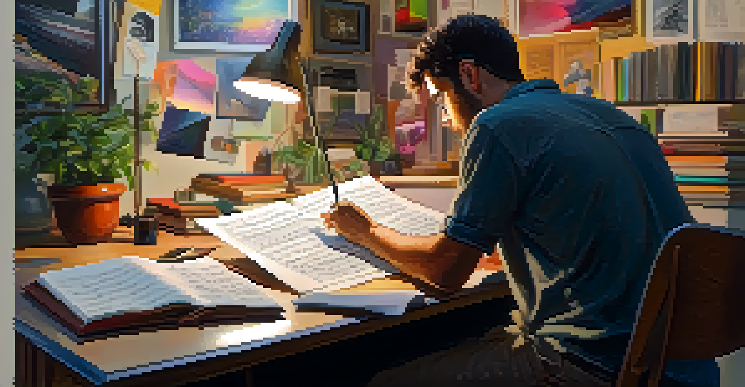 An artist at a desk with a laptop and musical sheets, surrounded by plants and colorful artwork, focusing on composing music.