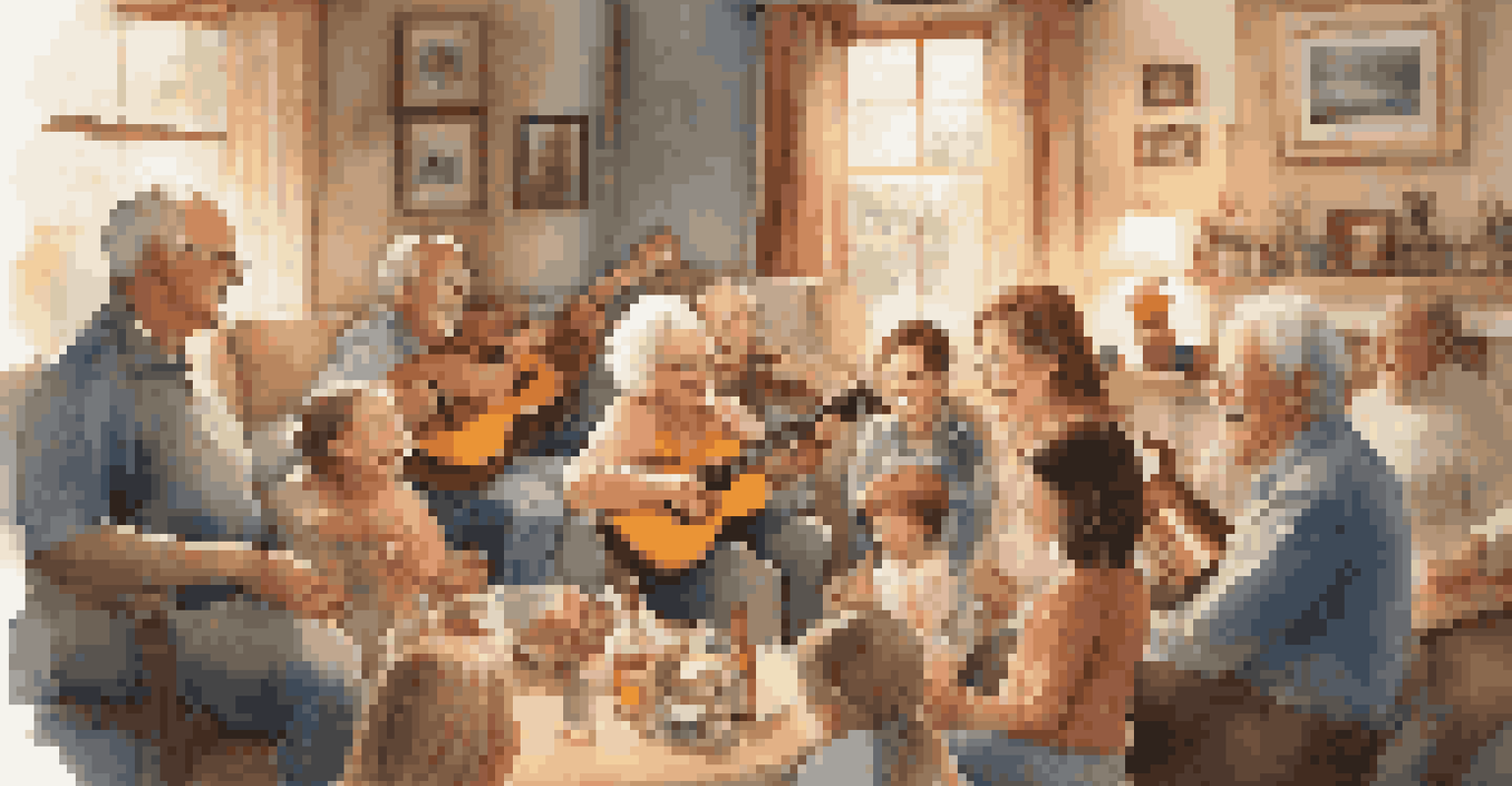 A multigenerational family gathering with grandparents, parents, and children sharing their favorite songs and enjoying music together.
