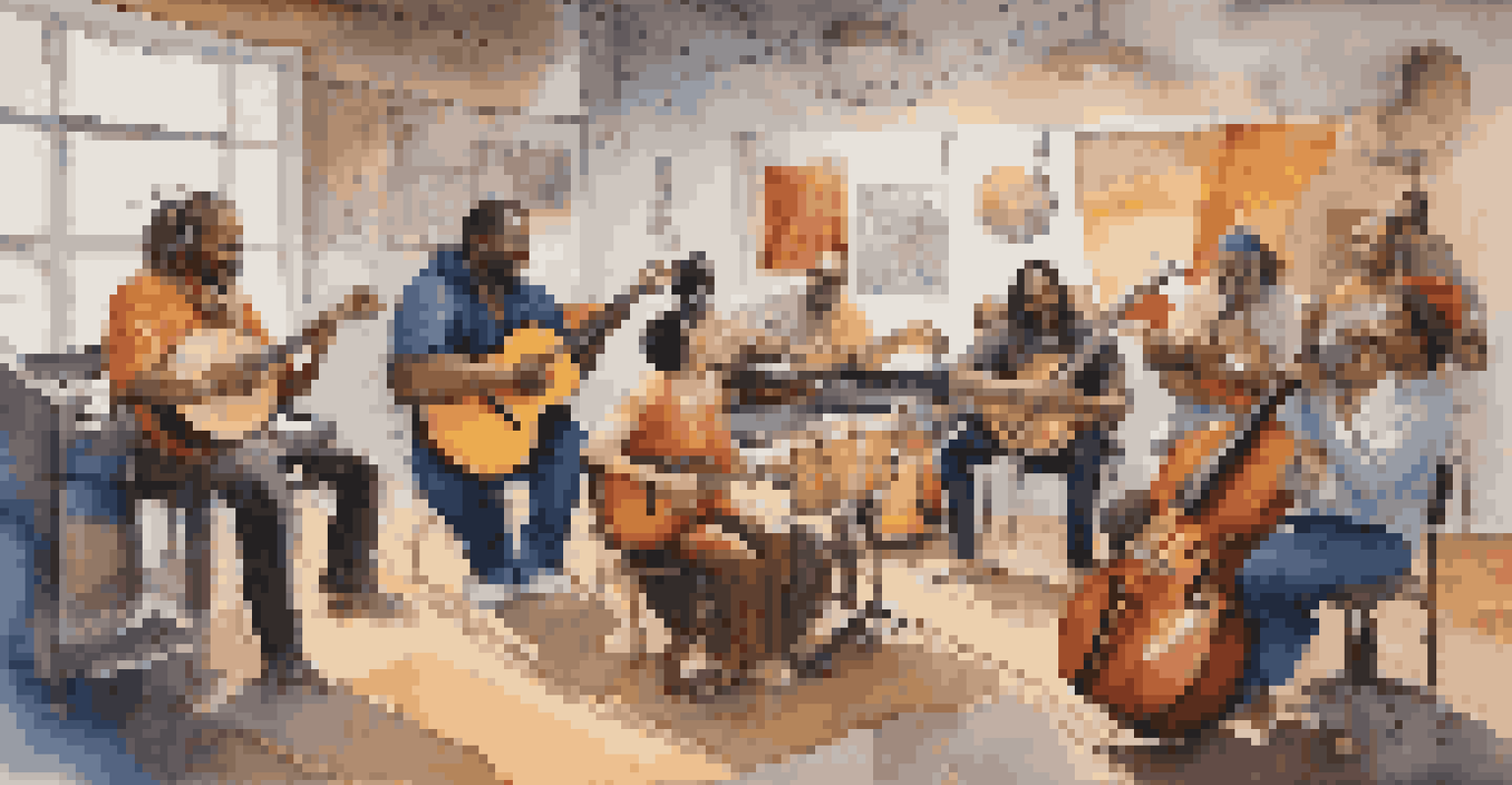 Musicians from different cultures collaborating in a modern studio, surrounded by a variety of musical instruments.