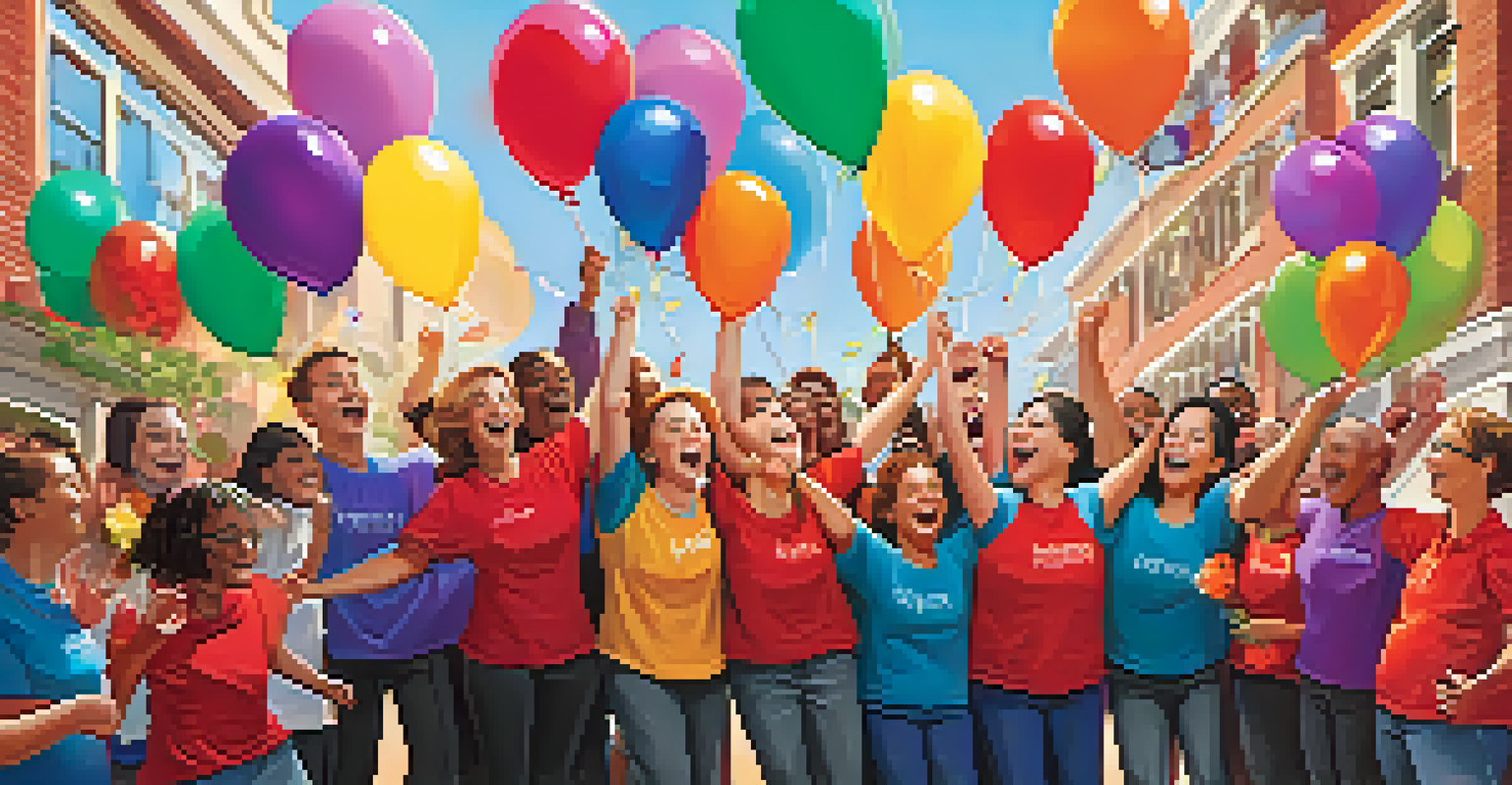 Community choir members celebrating together after a performance, surrounded by decorations and smiles.