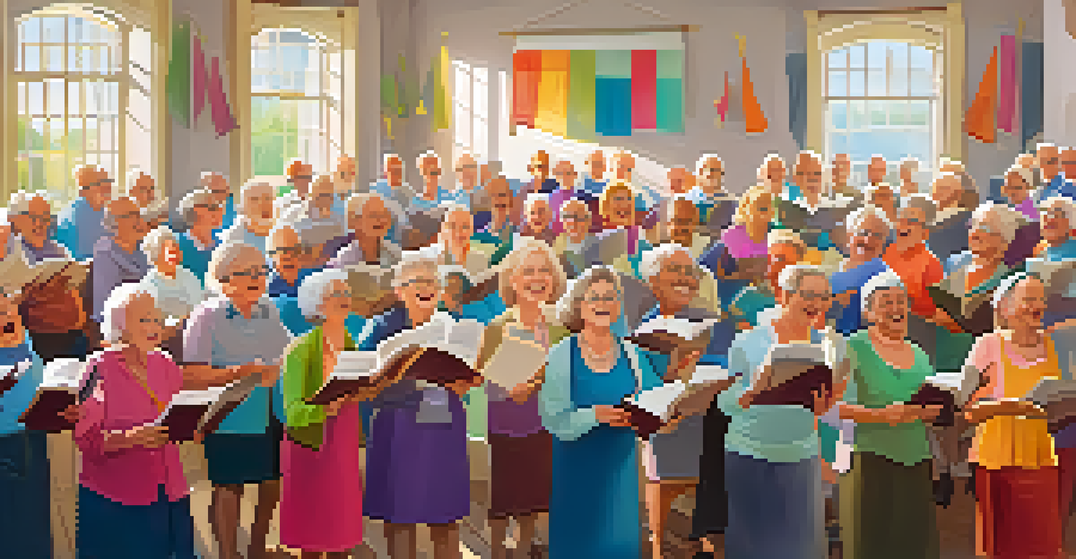 Seniors joyfully participating in a community choir session in a bright hall, showcasing expressions of happiness.