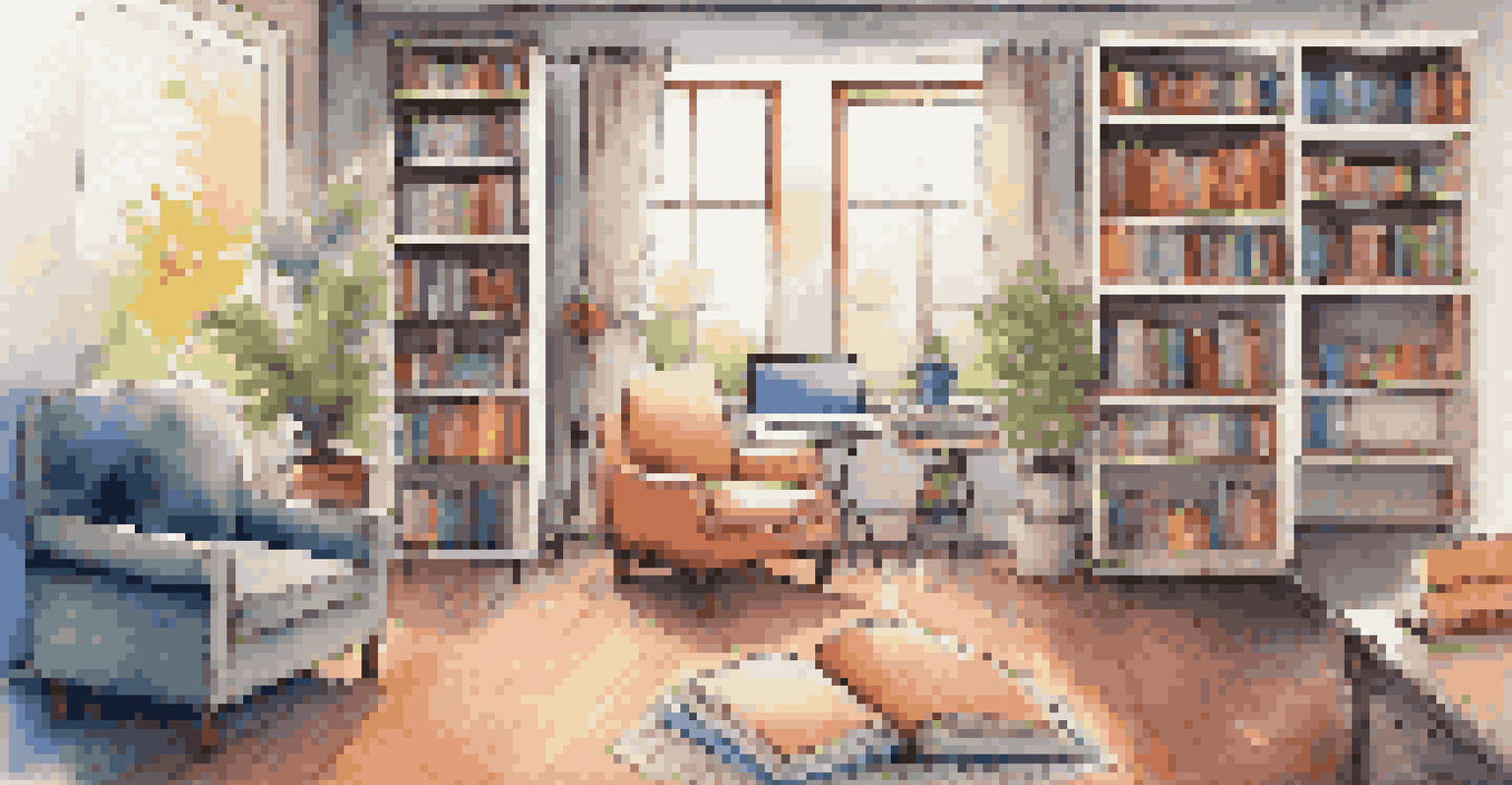 A comfortable learning space with a chair and table holding a laptop, a colorful bookshelf in the background, and visual sound waves representing soft music, creating a productive atmosphere.