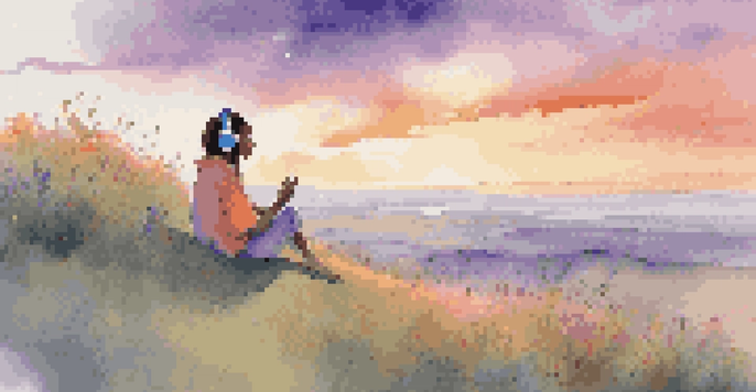 A person sitting on a grassy hill wearing headphones, looking at a colorful sunset with wildflowers around.