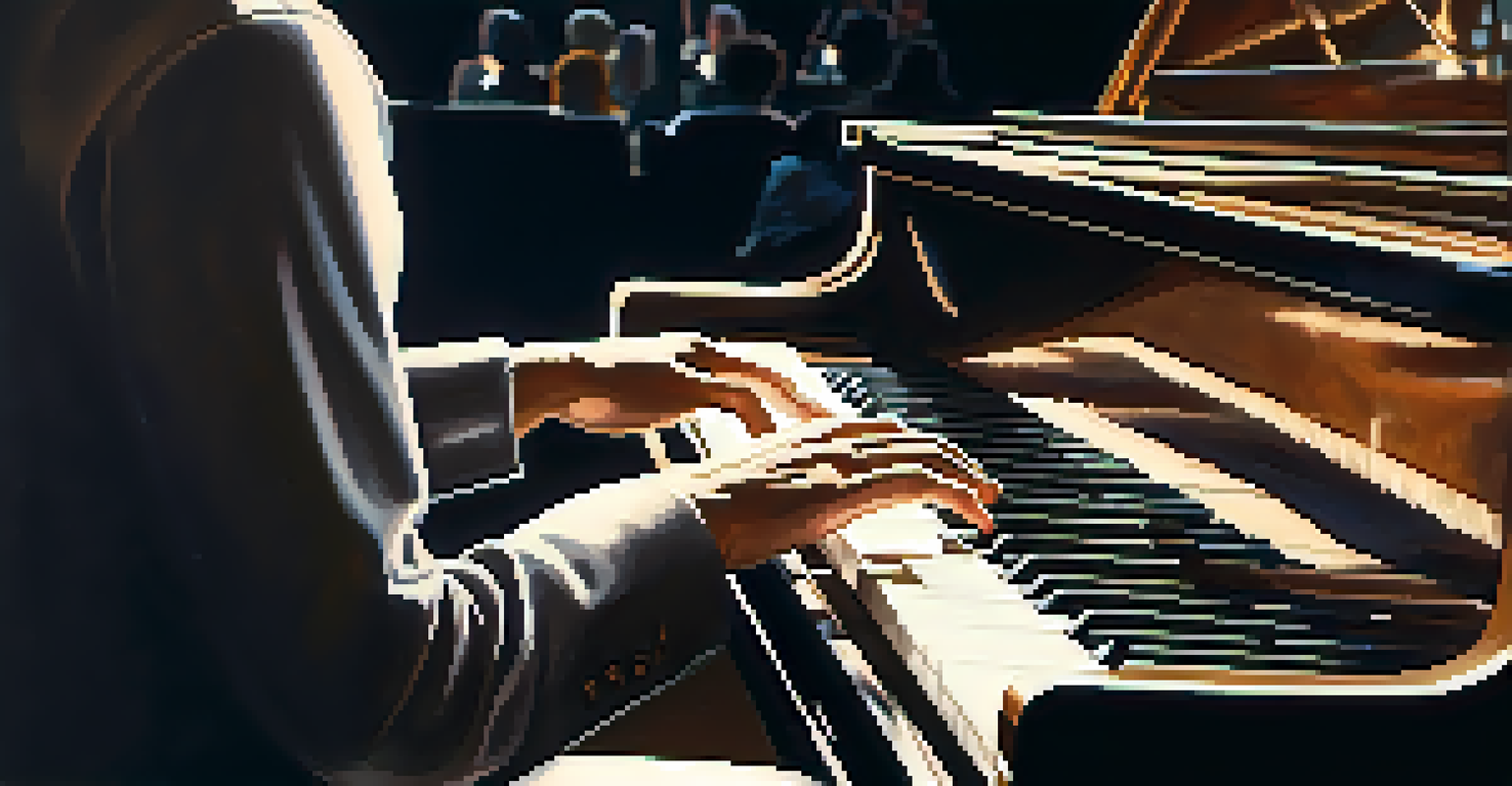 A close-up of hands playing a grand piano, with sheet music in view, set in an intimate concert environment.