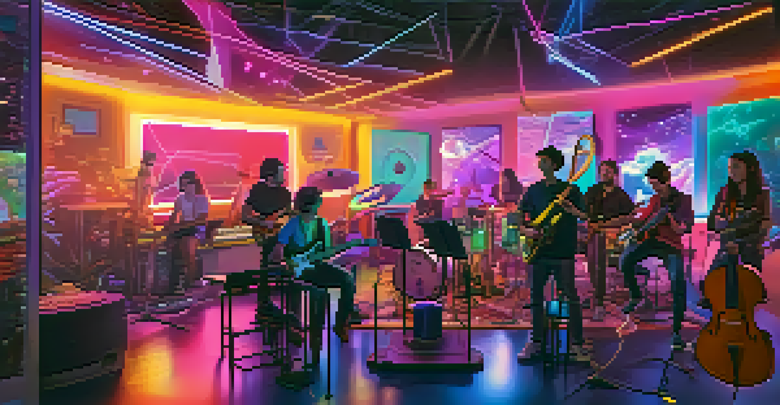 Students in a virtual jam session playing instruments with colorful visual effects around them.