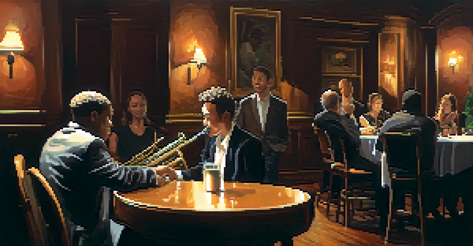 A cozy indoor jazz concert with a saxophonist performing on stage and an attentive audience.