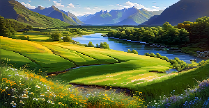A peaceful valley with a river and mountains, bathed in sunlight with colorful wildflowers.