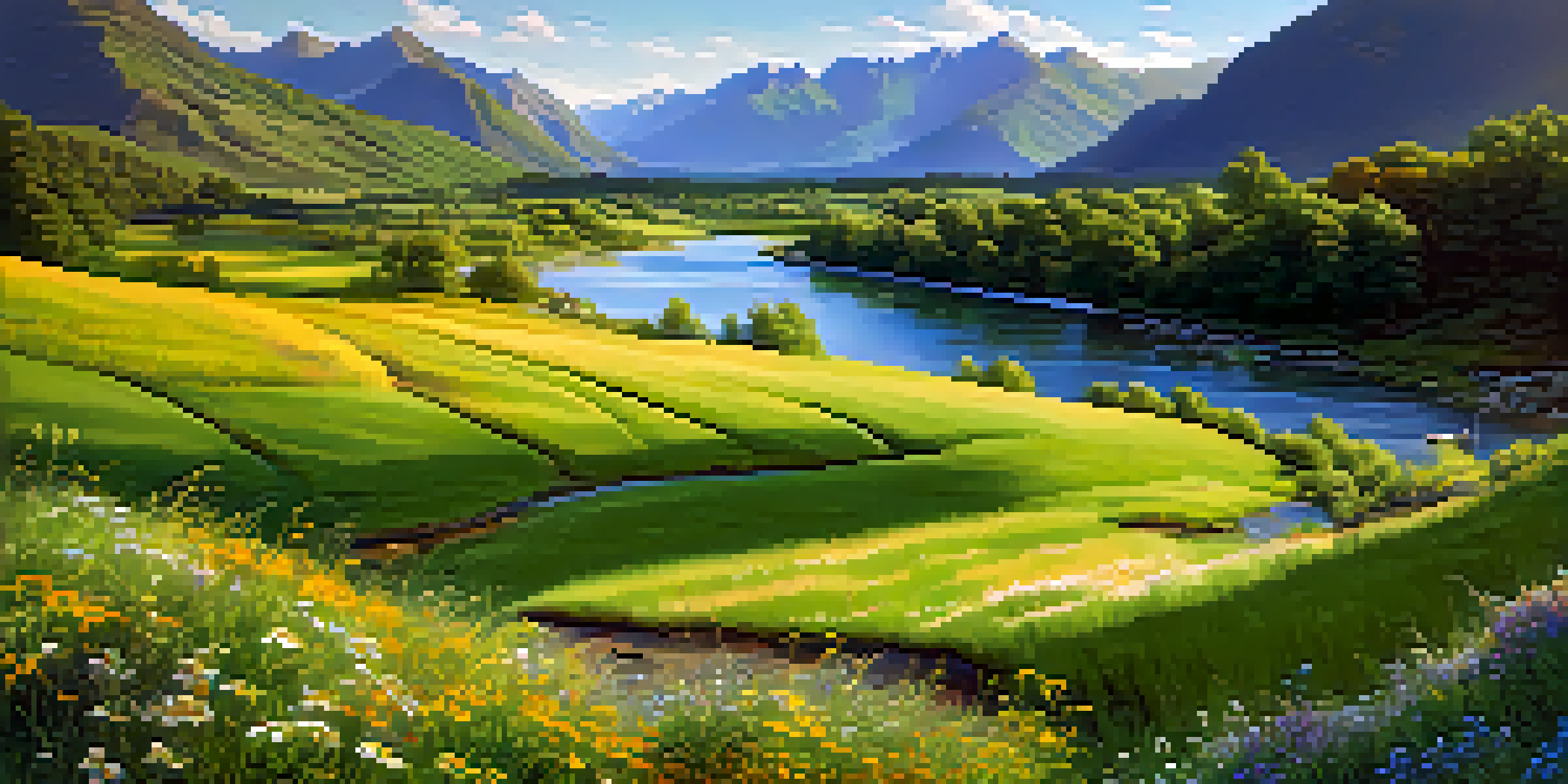 A peaceful valley with a river and mountains, bathed in sunlight with colorful wildflowers.