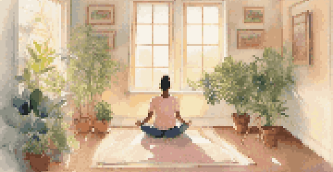 A person sitting cross-legged on a mat in a sunlit room, practicing deep breathing with a smile, surrounded by indoor plants.
