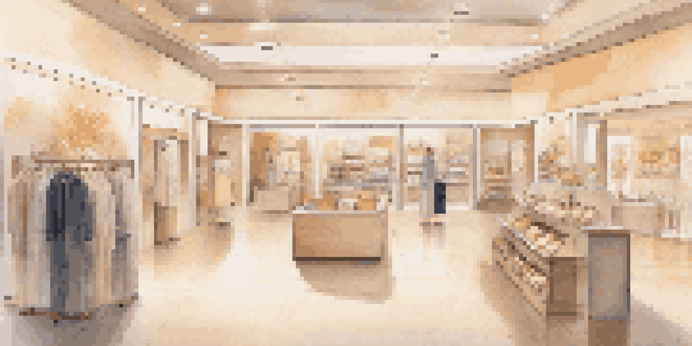 A peaceful retail space with soft lighting and elegant product displays, representing the calming impact of sound on shopping experiences.