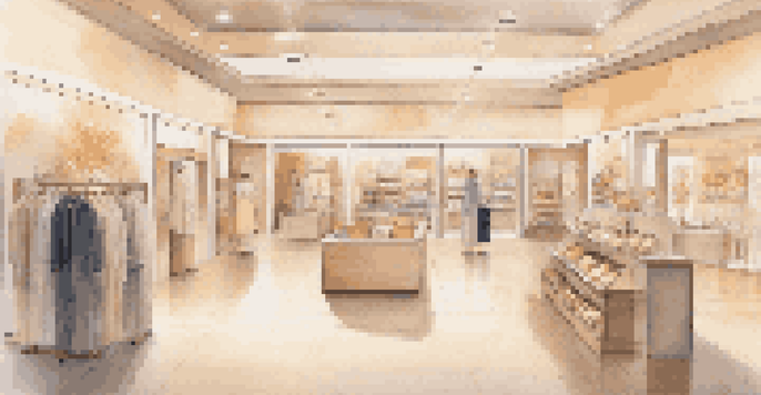 A peaceful retail space with soft lighting and elegant product displays, representing the calming impact of sound on shopping experiences.