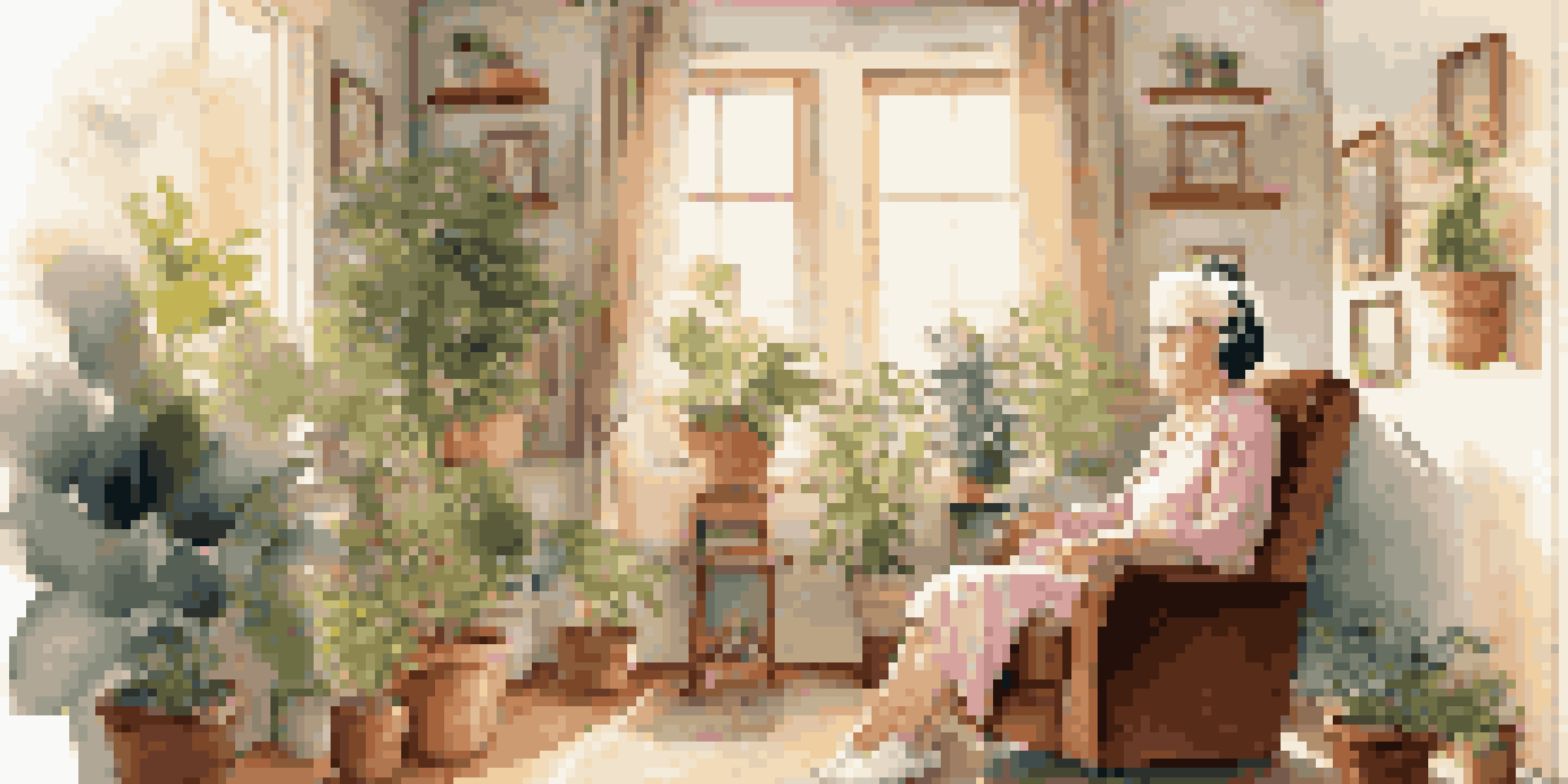 An elderly woman in a cozy room, wearing headphones and listening to music, surrounded by plants and family photographs.