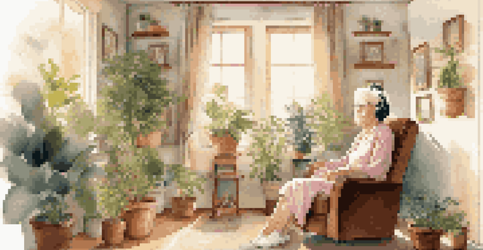 An elderly woman in a cozy room, wearing headphones and listening to music, surrounded by plants and family photographs.