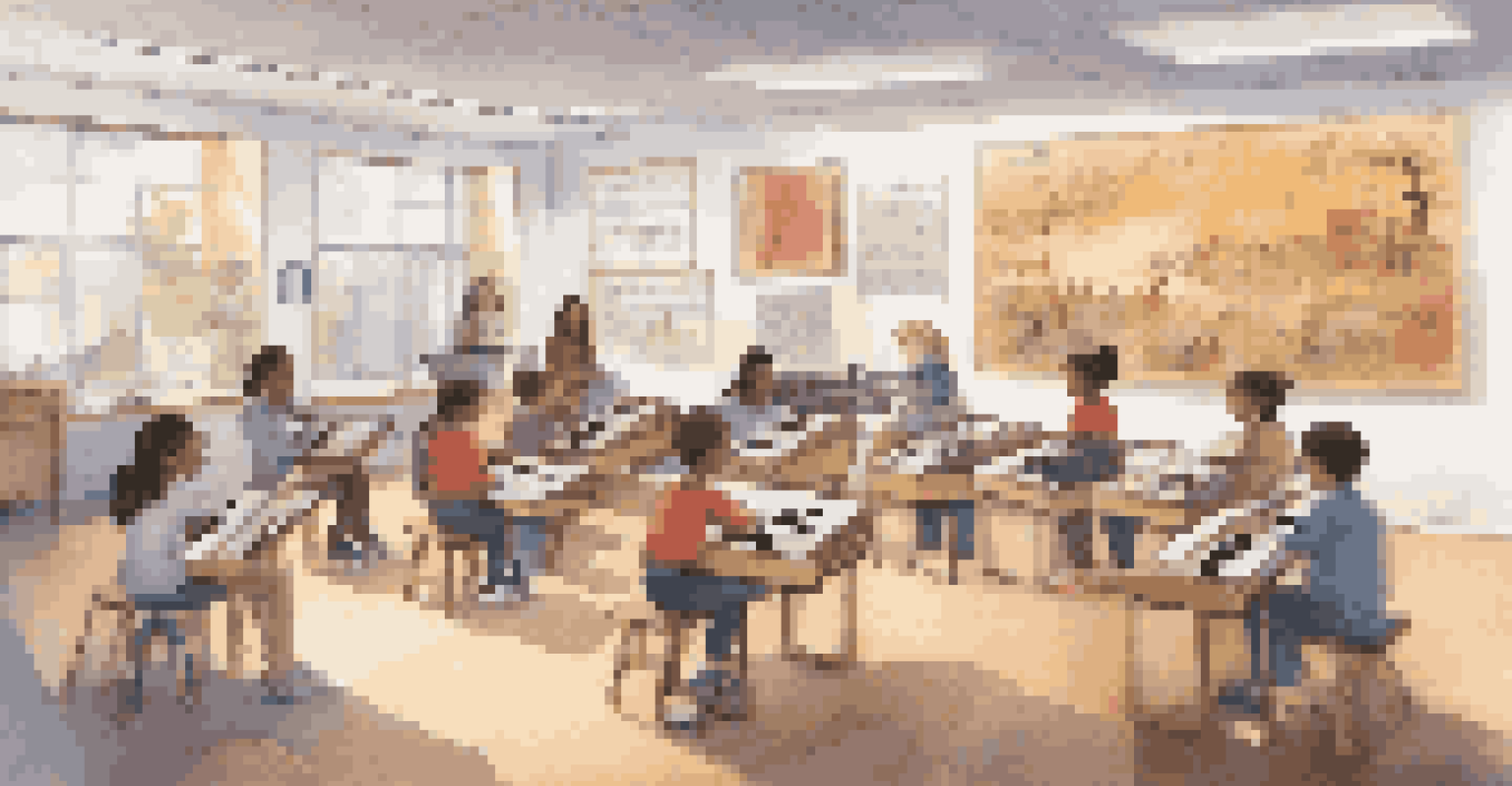 Students in a classroom learning about diverse musical traditions using digital tools and interactive screens.