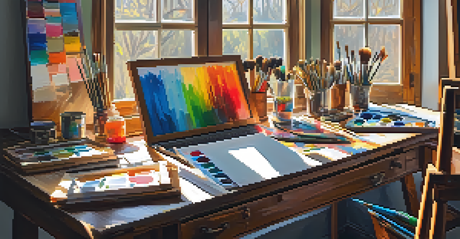 An artist's studio with paints and a blank canvas, illuminated by sunlight, showcasing creativity and inspiration.