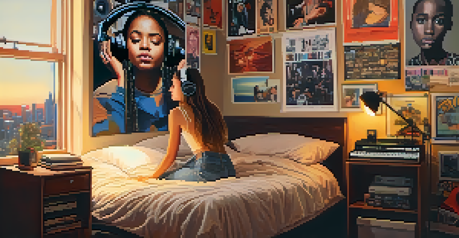 A teenager writing song lyrics in their bedroom, surrounded by music posters and soft lighting.