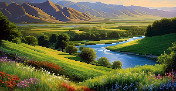 A peaceful landscape with a green valley, a flowing river, blooming wildflowers, and distant mountains under a bright blue sky.