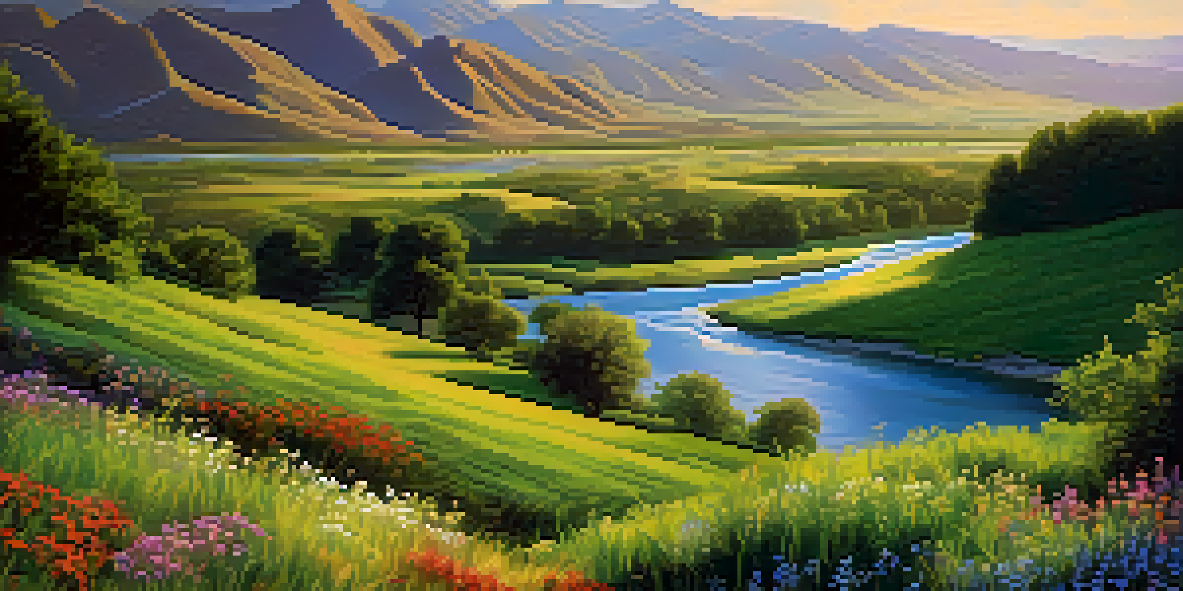 A peaceful landscape with a green valley, a flowing river, blooming wildflowers, and distant mountains under a bright blue sky.