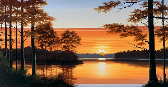 A peaceful sunset over a lake, with warm colors reflecting on the water and silhouetted trees on the edges.