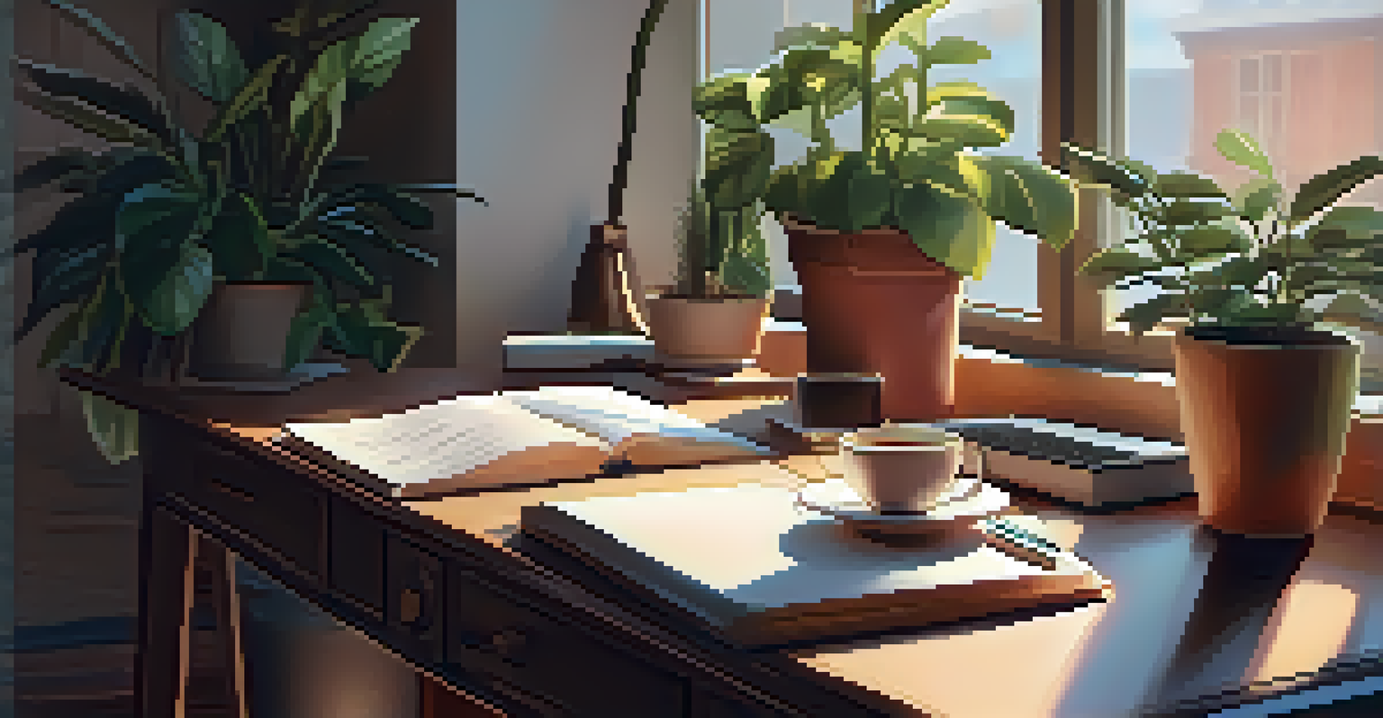 A cozy workspace with a laptop, plants, and a cup of coffee, illuminated by warm sunlight.
