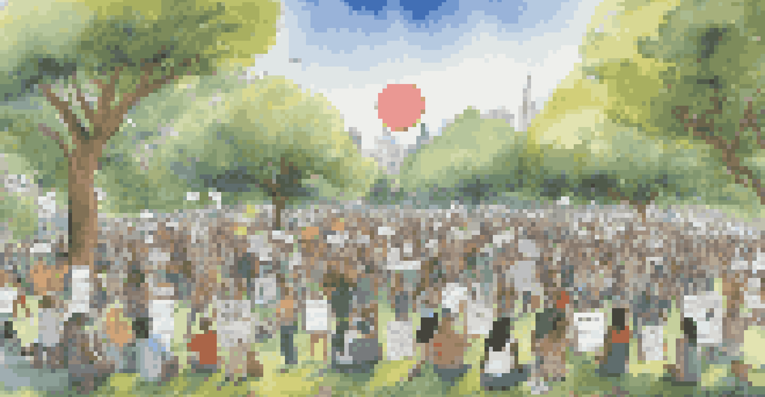 A peaceful protest in a park with individuals holding signs representing various music genres, symbolizing unity and political expression.