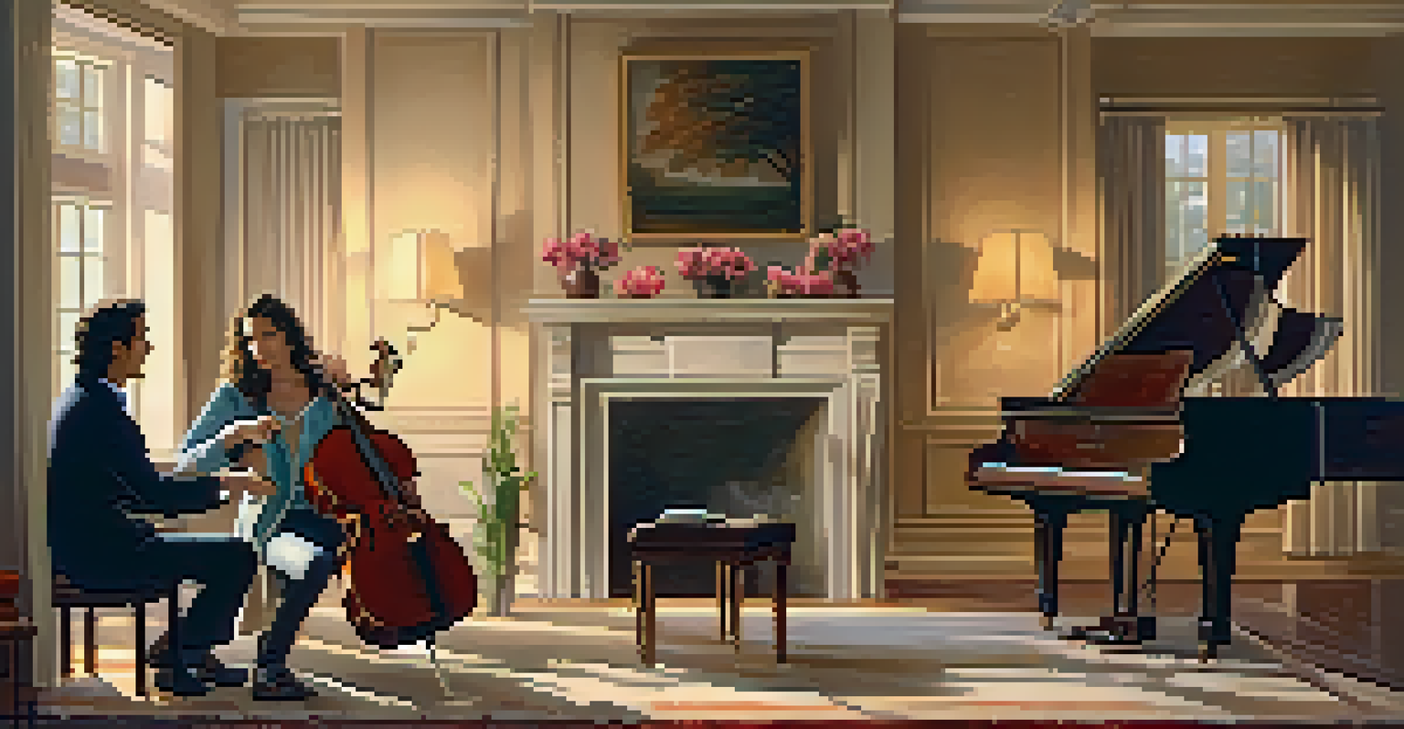 A pianist and a violinist performing a duet in a cozy living room, surrounded by musical art and warm lighting.