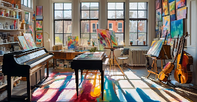 A bright artist's studio with large windows, showcasing colorful abstract paintings and a central easel with a canvas, complemented by a vintage record player.