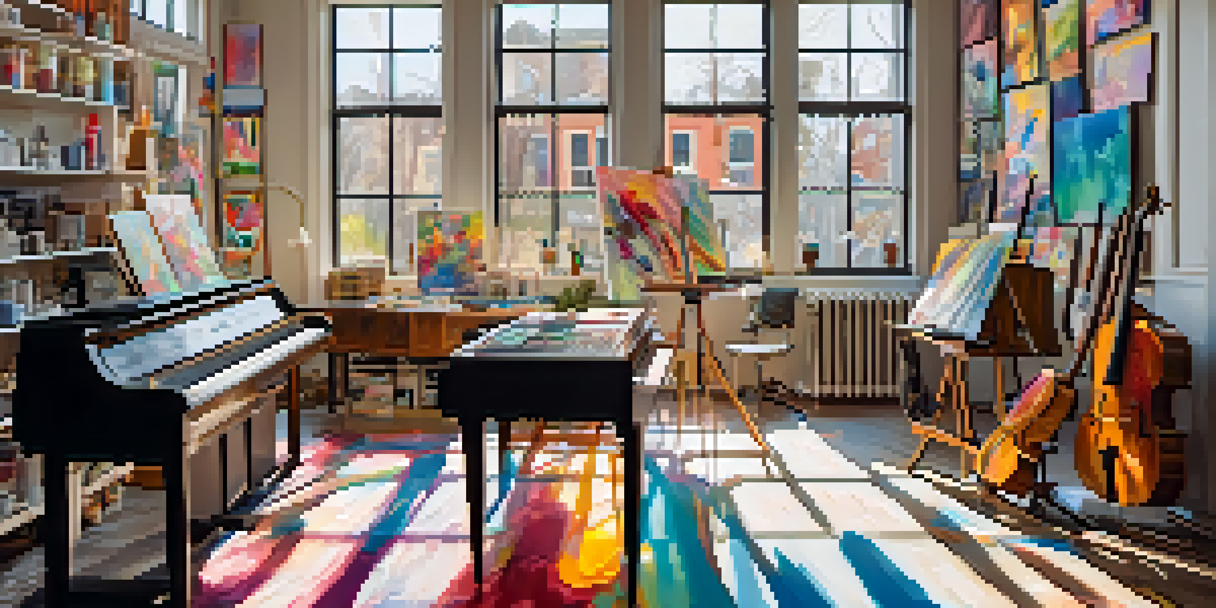 A bright artist's studio with large windows, showcasing colorful abstract paintings and a central easel with a canvas, complemented by a vintage record player.