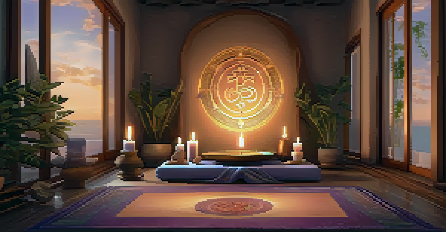 A calming meditation area with candles, crystals, and incense, designed for spiritual practices.