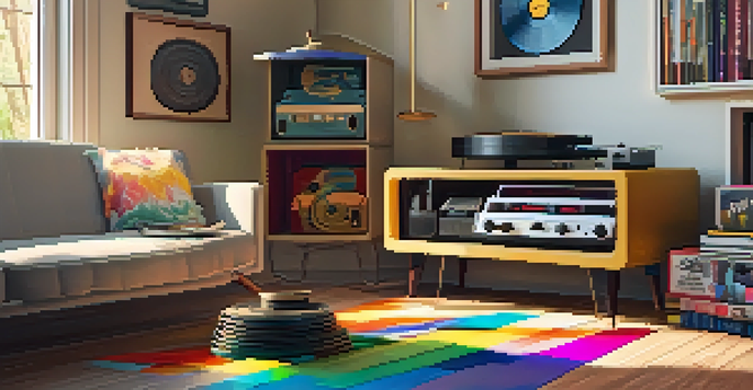 A cozy living room with a vintage record player, colorful vinyl records on the floor, and warm morning light streaming through a window.