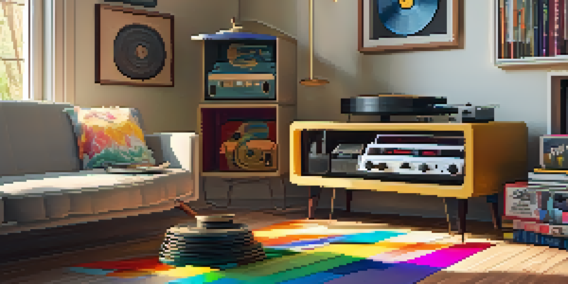 A cozy living room with a vintage record player, colorful vinyl records on the floor, and warm morning light streaming through a window.