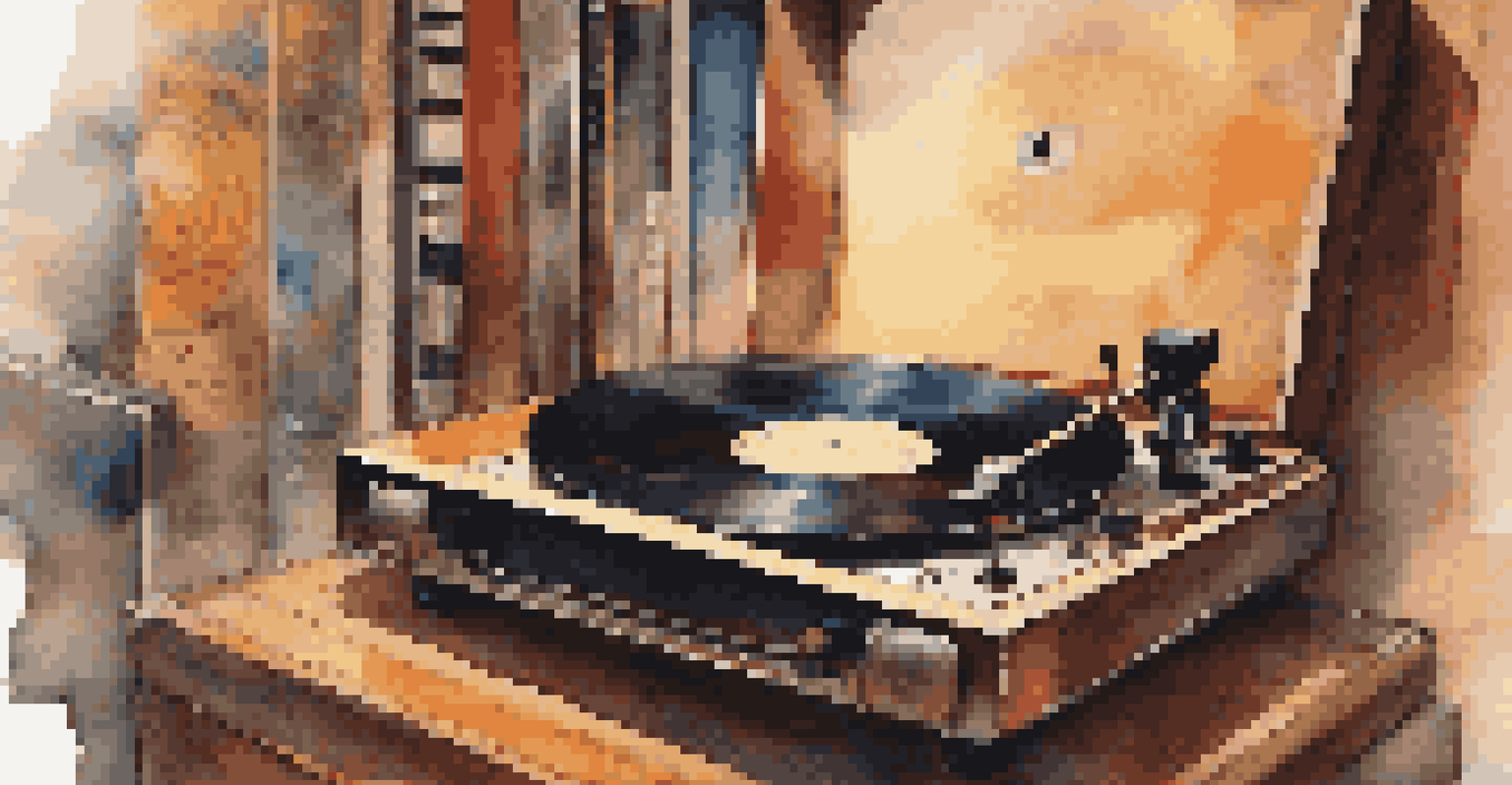 A close-up of a spinning vinyl record on a turntable, surrounded by colorful album covers from various music genres and cultures.
