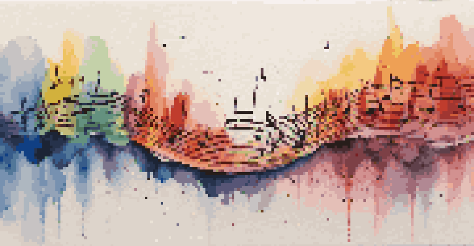 Abstract sound waves in vibrant colors with film reels and musical notes in the background.