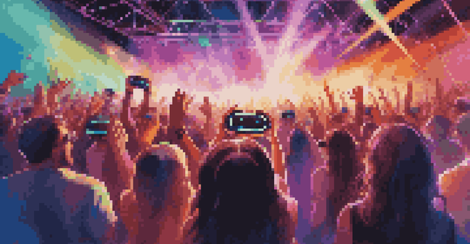 A lively virtual reality concert with fans in VR headsets enjoying a performance on a high-tech stage with bright lights.