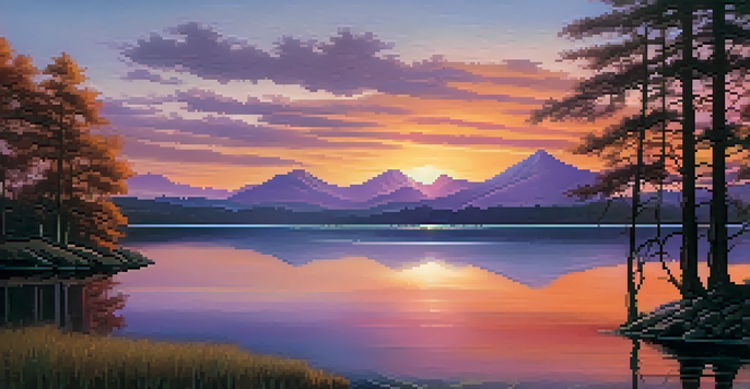 A colorful sunset over a calm lake with silhouetted trees and distant mountains, creating a tranquil atmosphere.