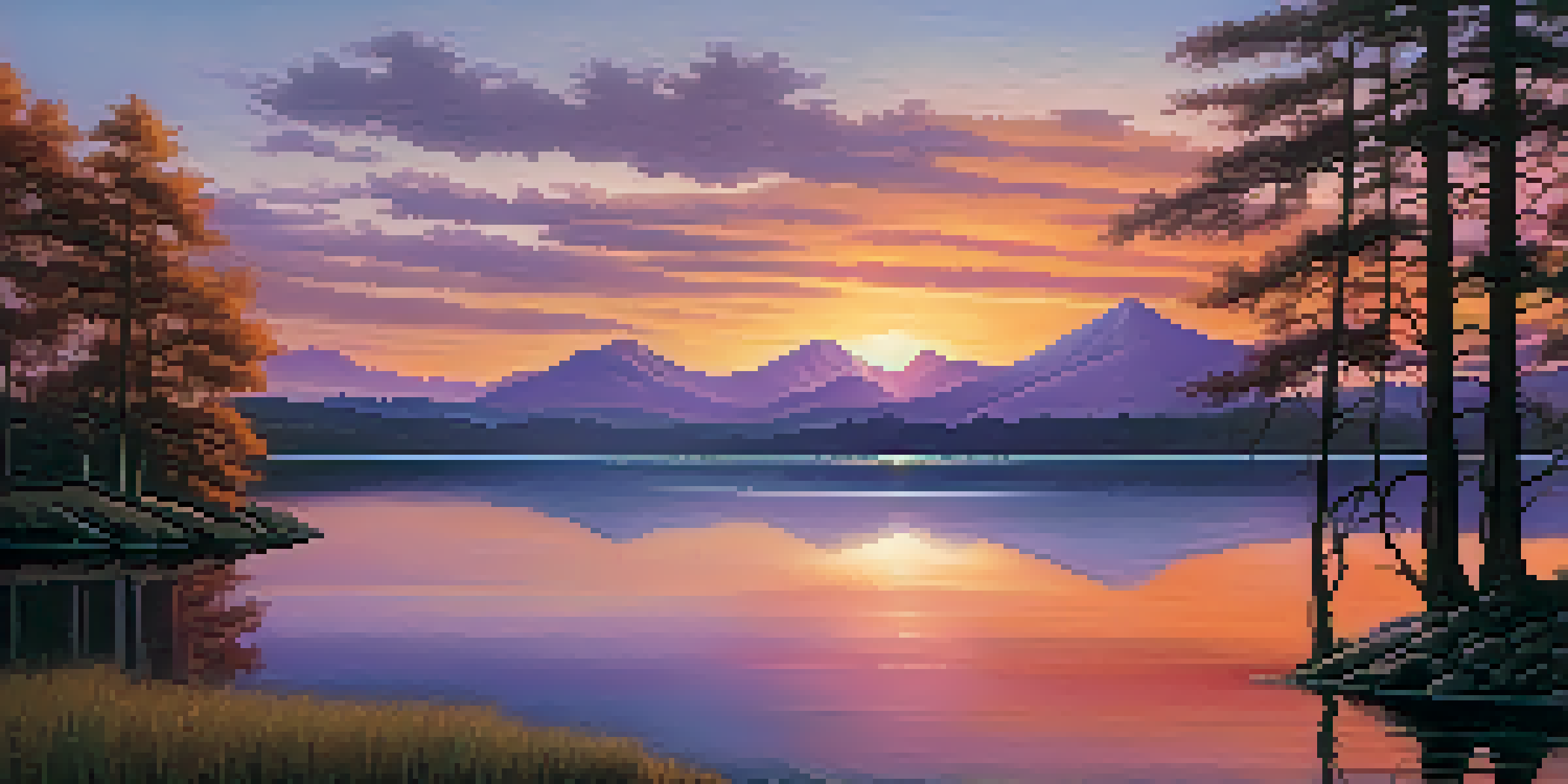 A colorful sunset over a calm lake with silhouetted trees and distant mountains, creating a tranquil atmosphere.