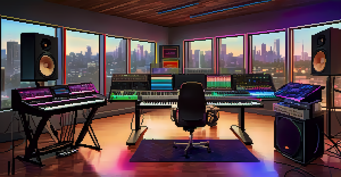 A musician in a modern music studio, surrounded by high-tech equipment and colorful soundwave visuals.