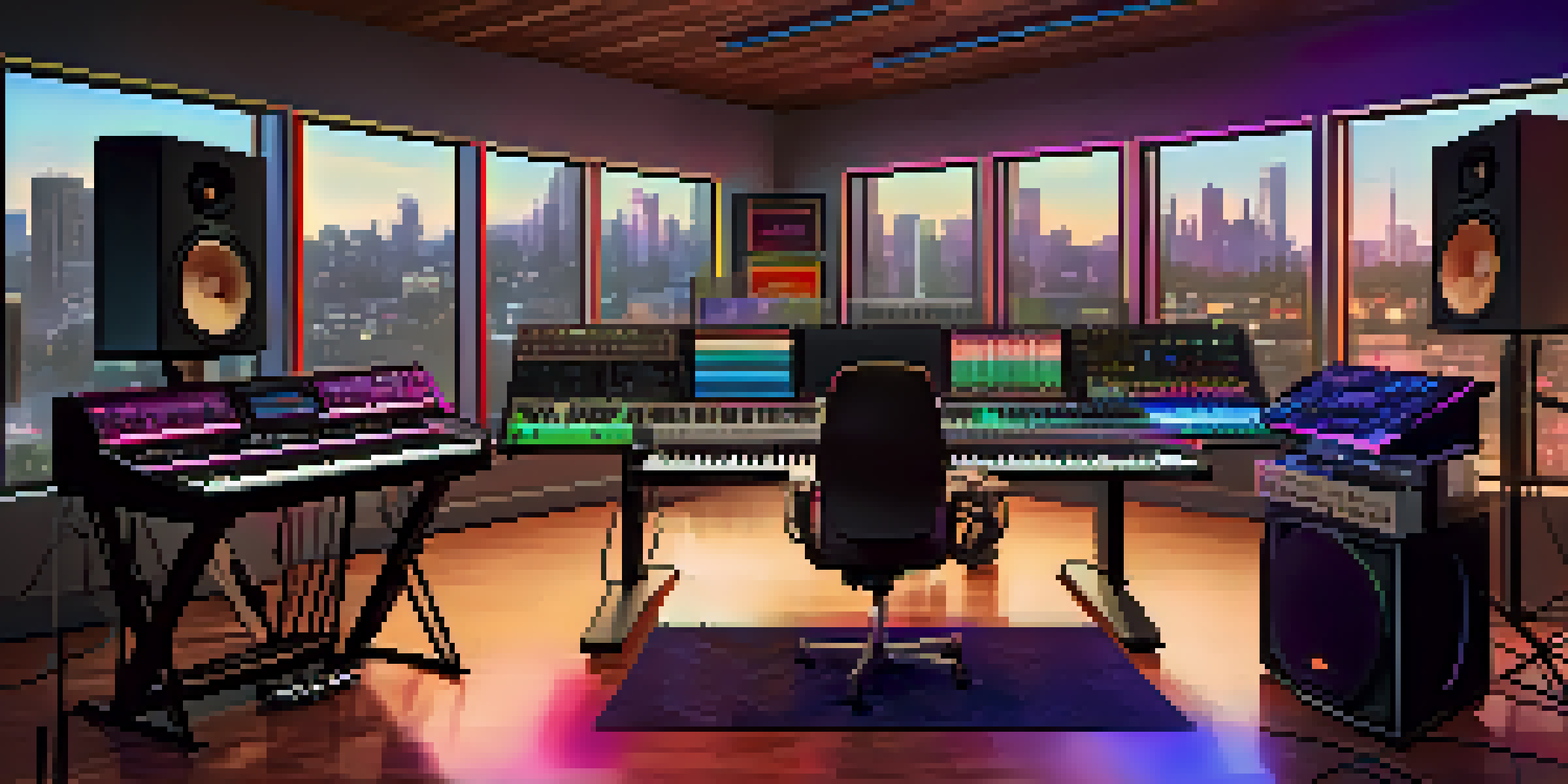 A musician in a modern music studio, surrounded by high-tech equipment and colorful soundwave visuals.