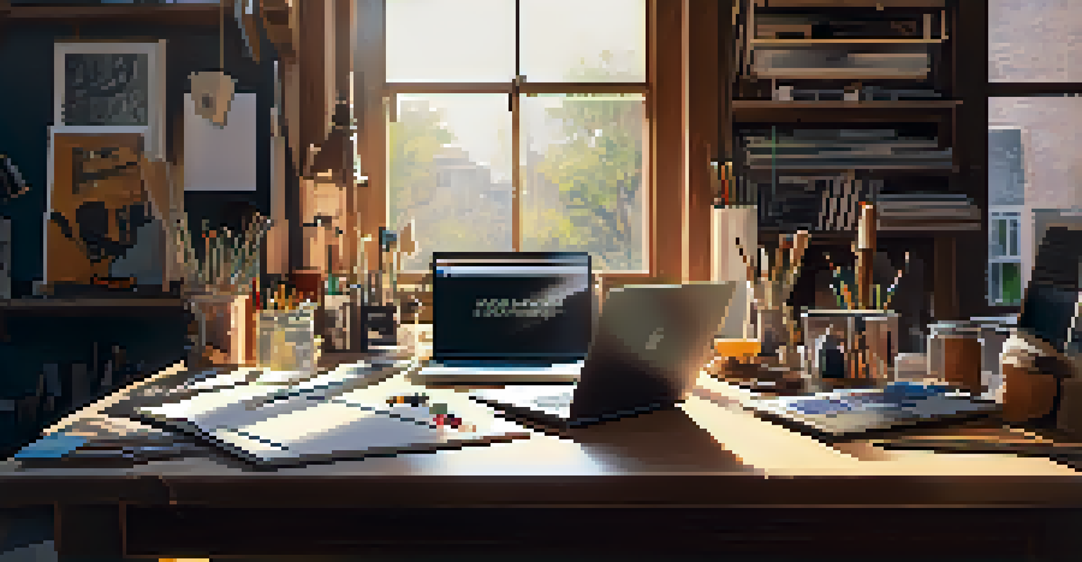An artist's studio with a laptop displaying a crowdfunding website, sketches, and musical instruments, illuminated by warm sunlight coming through a window.