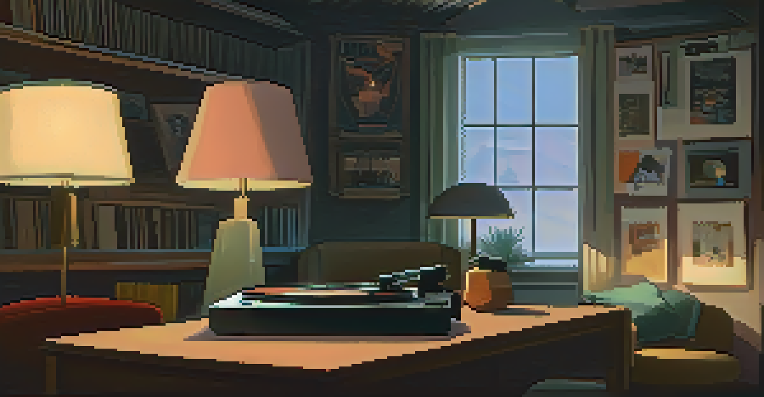 A warm and inviting room with vinyl records, a turntable, and film posters on the walls, featuring a cozy armchair and a cup of tea.