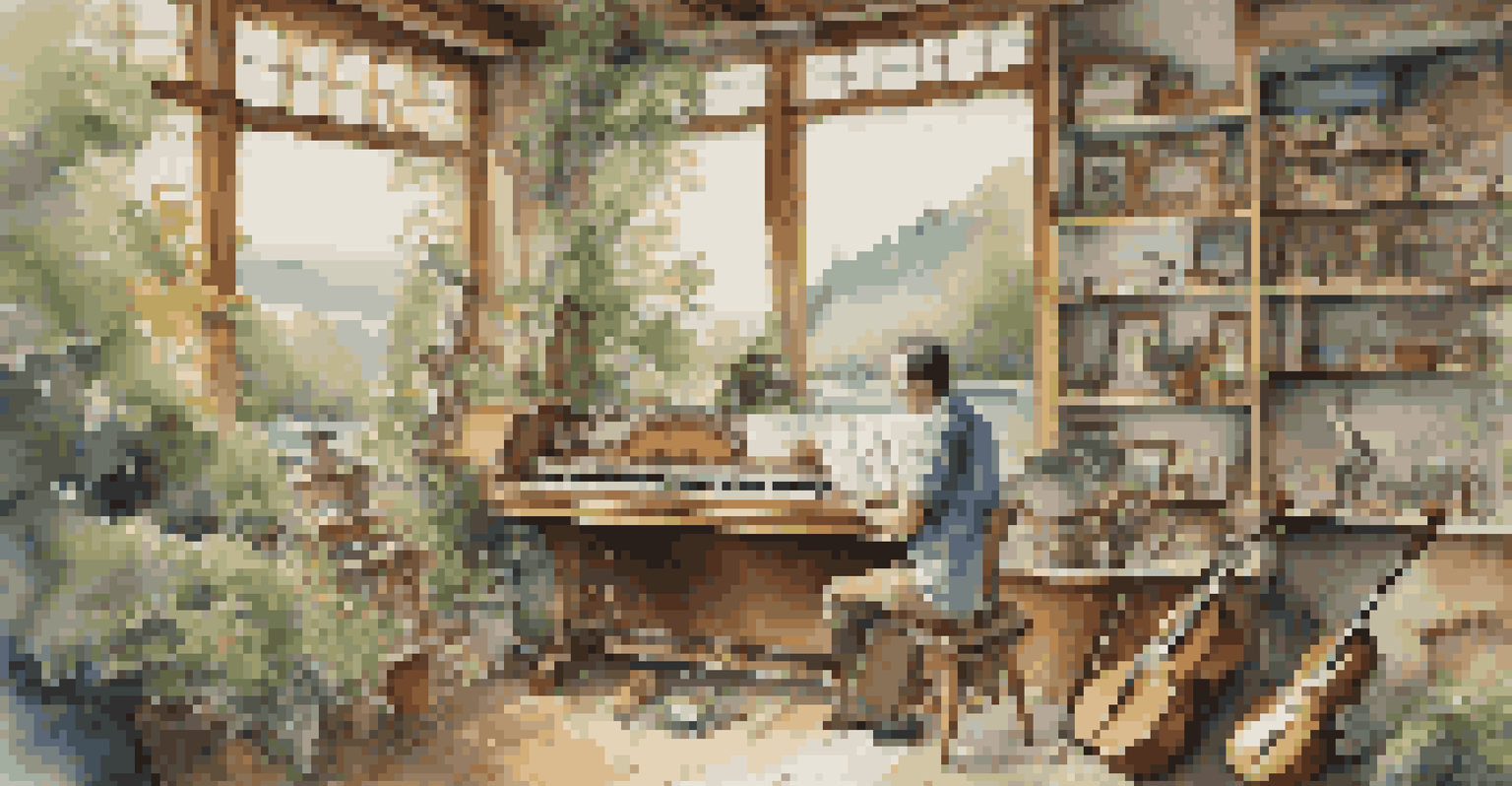 A musician playing a flute in a bright studio with a view of a river and greenery.