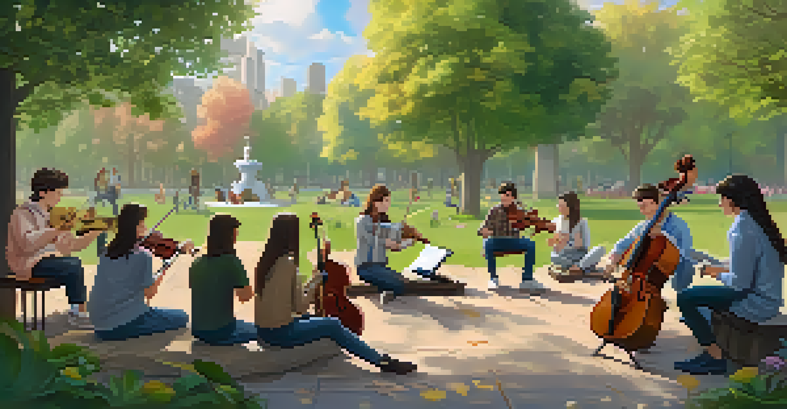 Students from diverse backgrounds collaborating on music in a park, with instruments and a digital screen showing AI-generated harmonies.