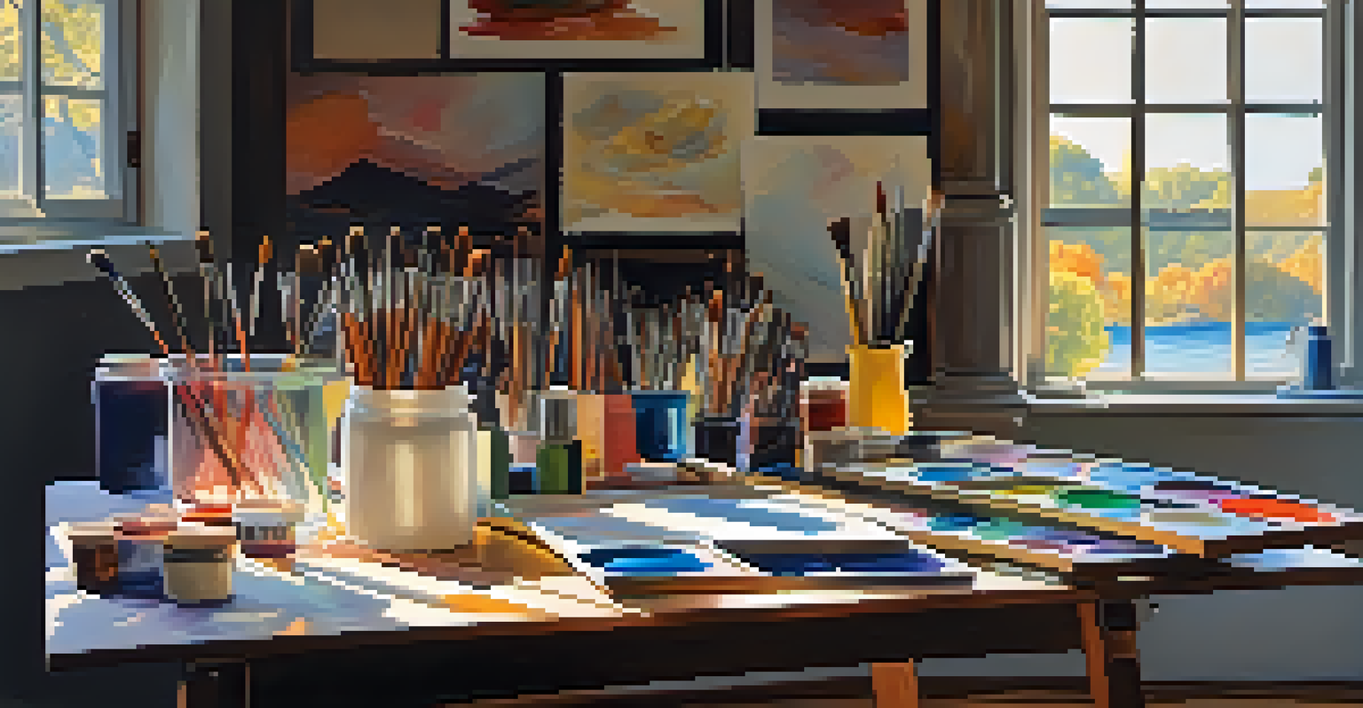 An artist's workspace with colorful paints and brushes, a half-finished painting, and artworks on the walls, illuminated by sunlight.
